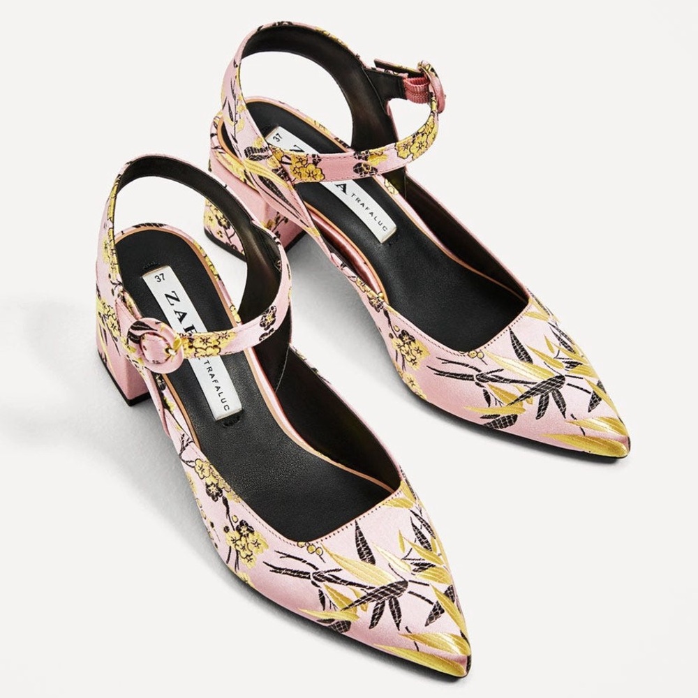 Stunning, brand new embroidered jaquard Zara slingback block heels size 39